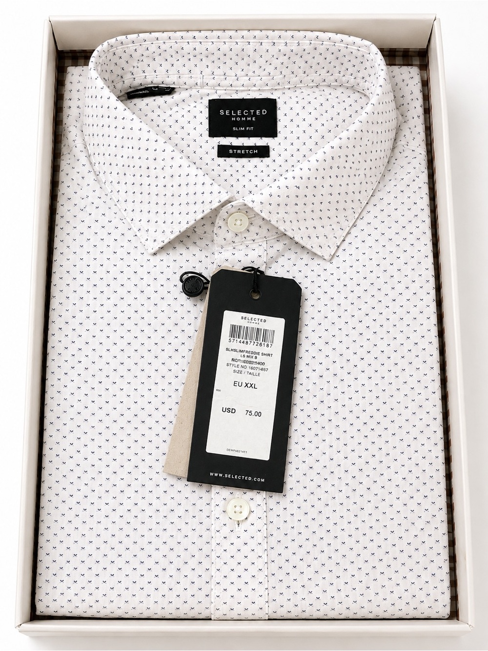 Selected Homme Slim Fit White Shirt with Navy Micro-Print